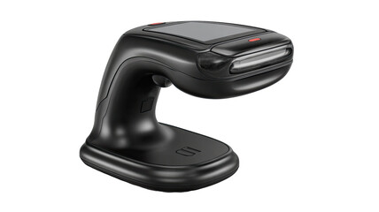 Handheld, black, portable device with a display. Compact, ergonomic design. Features a base and integrated solar panel