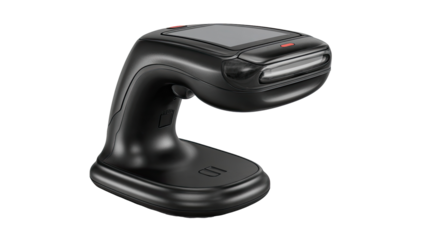 Handheld, black, portable device with a display.  Compact, ergonomic design.  Features a base and  integrated solar panel