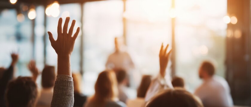 The audience raising hands during a backlit seminar presentation in a modern conference room