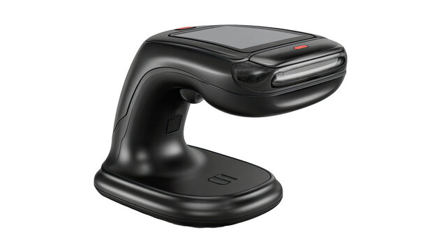 Handheld, black, portable device with a display. Compact, ergonomic design. Features a base and integrated solar panel