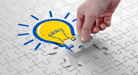 A hand places a puzzle piece, completing a design of a lightbulb, symbolizing the solution to a problem.