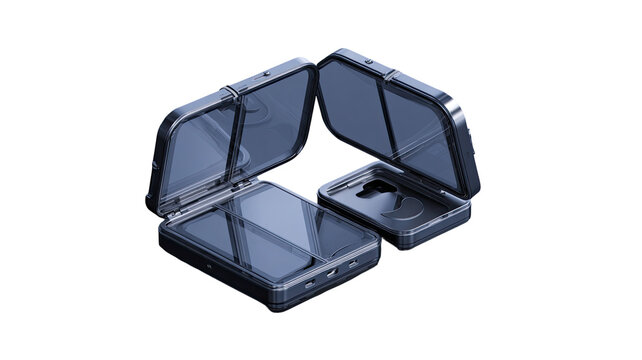 Foldable phone, multiple views,  closed and open positions,  futuristic design.  Metallic gray finish