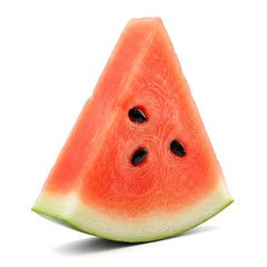 A Freshly Cut Slice of Juicy Red Watermelon with Black Seeds on a White Background	