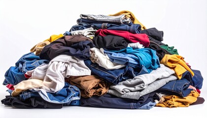 Disorganized pile of assorted clothing including jeans, t-shirts, and shirts in various colors and fabrics, stacked haphazardly to evoke themes of laundry, set against a neutral background.