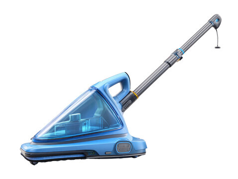 Light-blue, triangular handheld vacuum cleaner with a long, gray telescoping wand.  Transparent sections reveal inner components.  Modern, sleek design