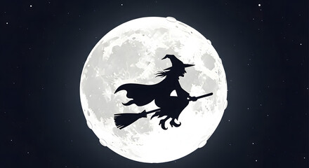 spooky witch flying on broomstick under full moon