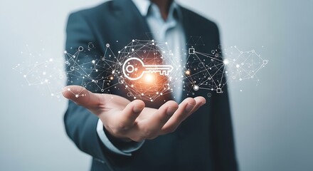 A businessman's hand holds a digital key icon, surrounded by a network of interconnected nodes, symbolizing access and digital security.