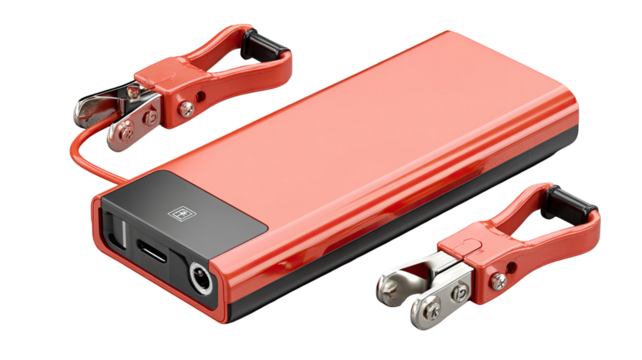 Portable car battery jump starter in coral red.  Features two heavy-duty clamps