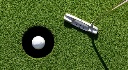 A golf ball sits in the cup, with a putter positioned above it on a vibrant green putting surface.