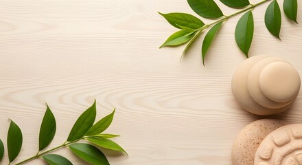 Natural spa and wellness elements with green leaves and wood