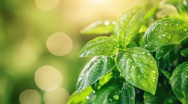Fresh basil leaves with dew drops in sunlight