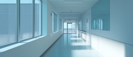 Fototapeta premium The Corridor of a Bright Modern Hospital Interior with Sunlit Windows and Reflections