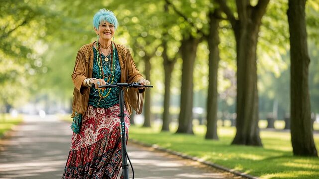Elderly woman with electric blue pixie cut rides scooter through sunny park in eclectic bohemian style.