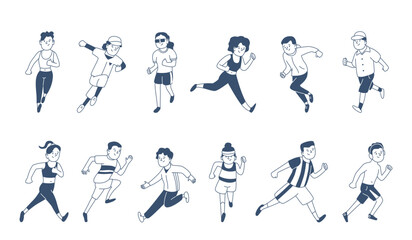Run doodle athletes. People in different sport outfit running. Active training, outdoor workout before competition. Jogging activity, recent vector characters