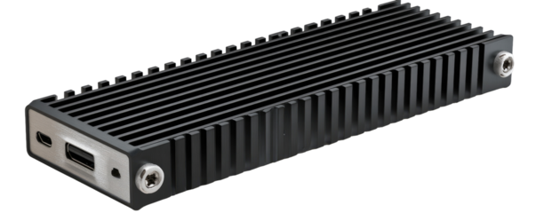 Dark gray rectangular external hard drive with ribbed texture