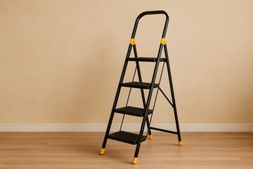 Foldable step ladder standing in empty room interior, home renovation equipment concept, safety household tool for painting cleaning maintenance tasks, minimal modern living space background, domestic