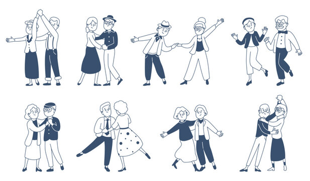 Doodle dancing old couples. Senior characters different active poses. Elderly hobby, couple in love, dance on date or romence evening, recent vector scenes