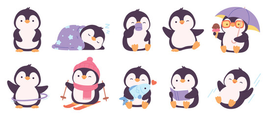 Cute penguin characters. Funny happy penguins in different situations. South pole animals, exotic birds eating ice cream, skiing, reading book, racy vector set
