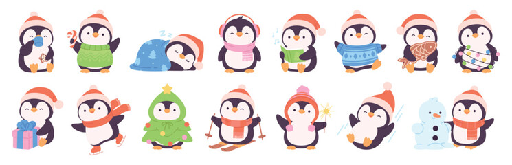 Christmas holiday penguins. Penguin in santa hat, cartoon south pole birds in xmas decorations. Funny winter seasonal characters, racy vector animals
