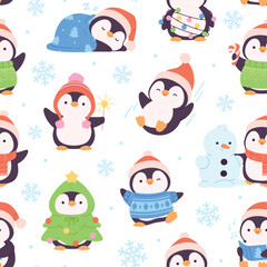Christmas penguins seamless pattern. Cute penguin characters, funny south pole birds. Children style print for fabric or wrapping, racy vector background