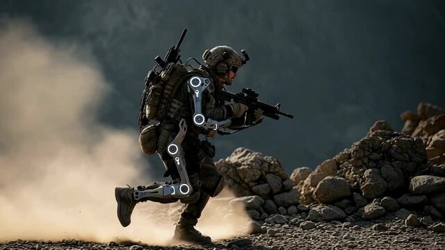 A soldier equipped with tactical gear and an advanced exoskeleton races across challenging ground while carrying significant equipment.