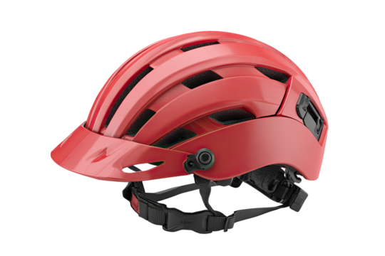 Red bicycle helmet, angled view.  Features a glossy finish, vents, and a  protective chin bar
