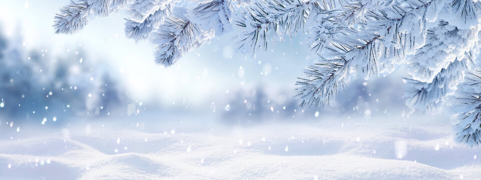 Fototapeta Winter natural snow background. Snowy forest with snowdrifts and snow-covered spruce branches in snowfall. Ultra wide format panorama.