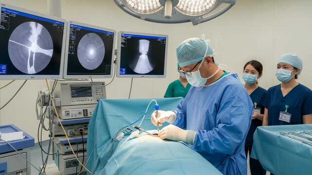 Surgeon performs percutaneous vertebroplasty for spinal compression fracture under fluoroscopy guidance.