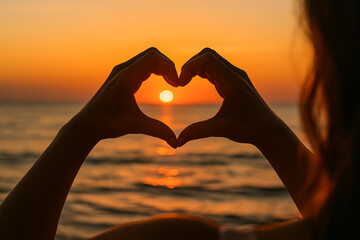 Hands forming heart shape against beautiful sunset at the beach