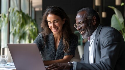 Happy diverse business professionals sharing joyful moment while looking at laptop in modern office with plants, professional collaboration in corporate environment