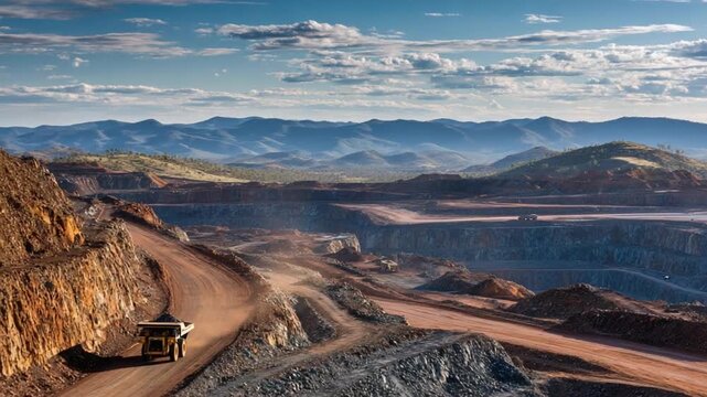 Vast Quarry Landscape: A dynamic image capturing a colossal mining operation etched into the earth, showcasing the raw power of industry against the backdrop of a vast landscape.