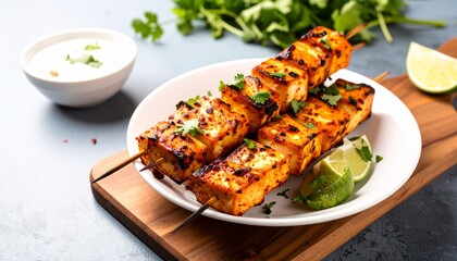 Paneer tikka skewers with chutney. 