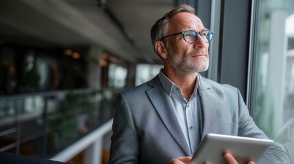 Contemplative mature businessman with glasses gazing through office window while holding tablet, professional portrait in modern corporate building with blurred interior background