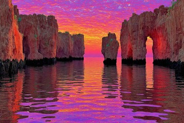 Sunrise over colorful rock formations in calm water