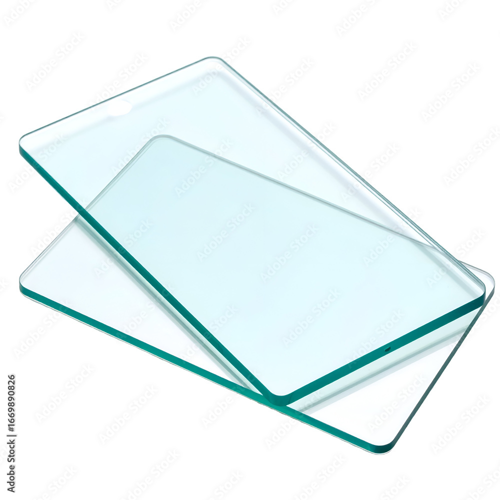 Poster overlapping transparent glass plates with light reflections on a clear background showcasing clean d