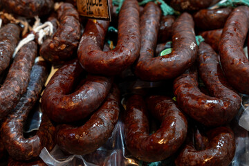 Fototapeta premium Spanish sausage with paprika. Pork meat. Chorizo