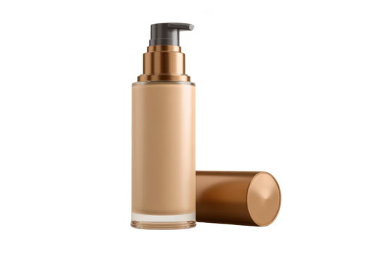 Foundation bottle with pump, cap off, showcasing a light beige liquid