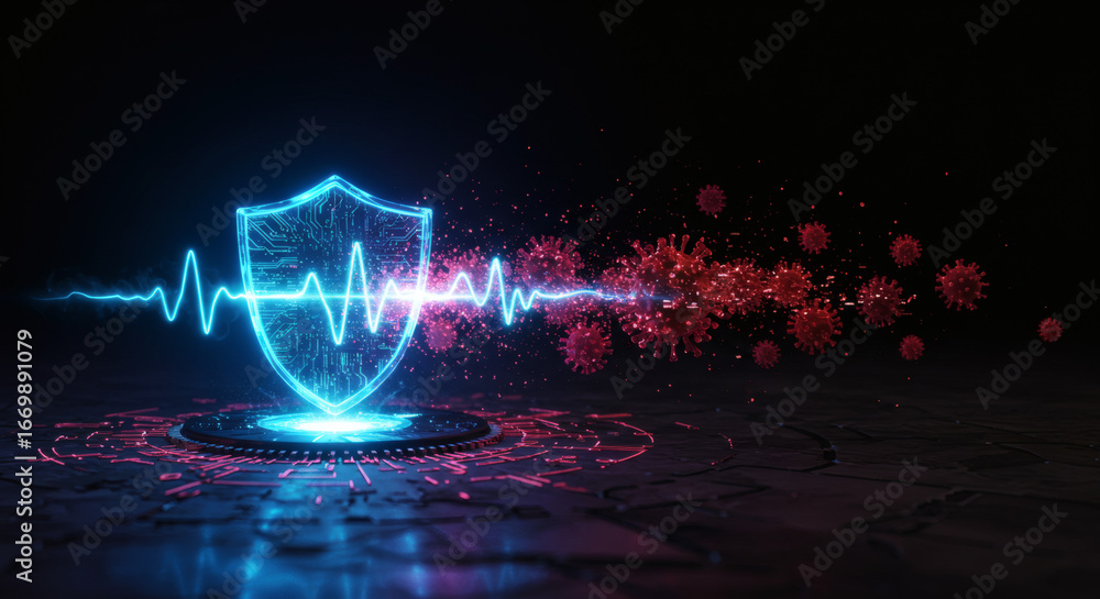 Aufkleber abstract 3d render of a luminous blue shield with a heartbeat wave deflecting a swarm of red viruses