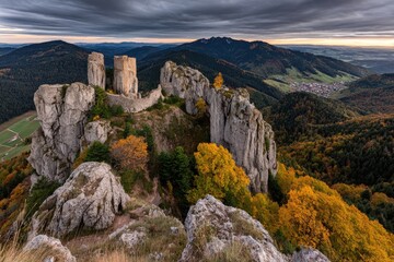 Majestic ruins of a castle atop a rocky mountain ridge, autumn foliage