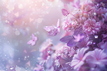 ピンクの花と舞う蝶が描く幻想的な背景