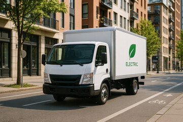Electric delivery truck driving through urban street with greenery