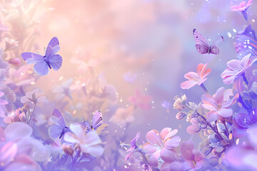ピンクの花と舞う蝶が描く幻想的な背景