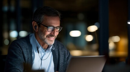 Confident mature male executive wearing earbuds during late night video conference on laptop in dark office with bokeh lights, professional remote work setting
