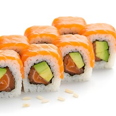 Delicious Salmon Avocado Sushi Rolls Featuring Fresh Raw Fish and Creamy Green Avocado Wrapped in Sticky Rice and Nori Seaweed	