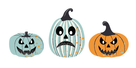 Vector illustration of Halloween pumpkins with carved faces, Jack lantern emoticons in textured style. Funny, scary and sad expressions of pumpkins, isolated on white background.