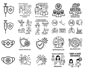Fototapeta premium healthcare marketing hospital global concept. Health and wellness icons promoting disease prevention and healthy lifestyles.