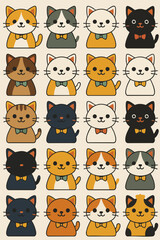 Cartoon Cat Pattern Illustration &ndash; Cute Kittens with Bow Ties in Seamless Decorative Design