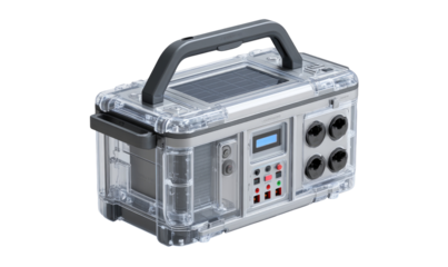 Portable solar power station in a clear plastic case