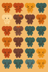 Obraz premium Elephant Pattern Illustration – Colorful Cartoon Baby Elephants in Seamless Grid Design