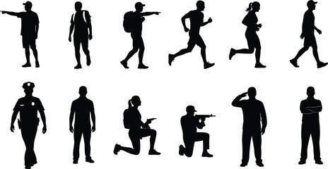 Silhouettes of Military, Police, Runners, and Walkers in Action Poses – Isolated Human Figures in Tactical, Casual, and Athletic Positions